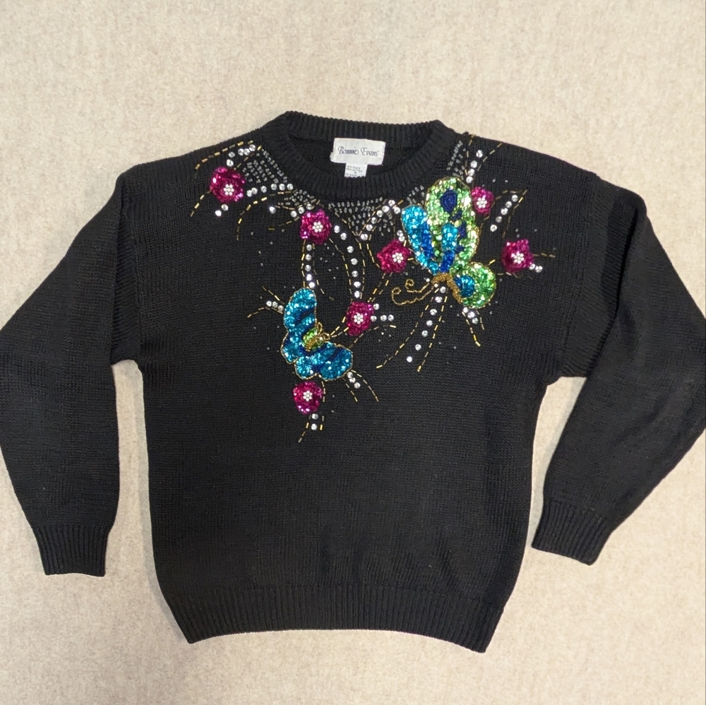 Vintage Bonnie Evans Black Sequin Butterfly Flowers Sweater Size Medium
